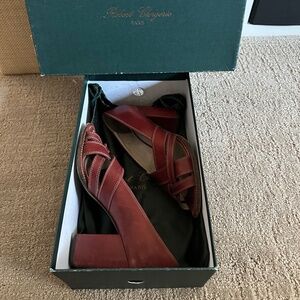 ROBERT CLERGERIE BURGUNDY OPEN TOE SHOES, SIZE 8